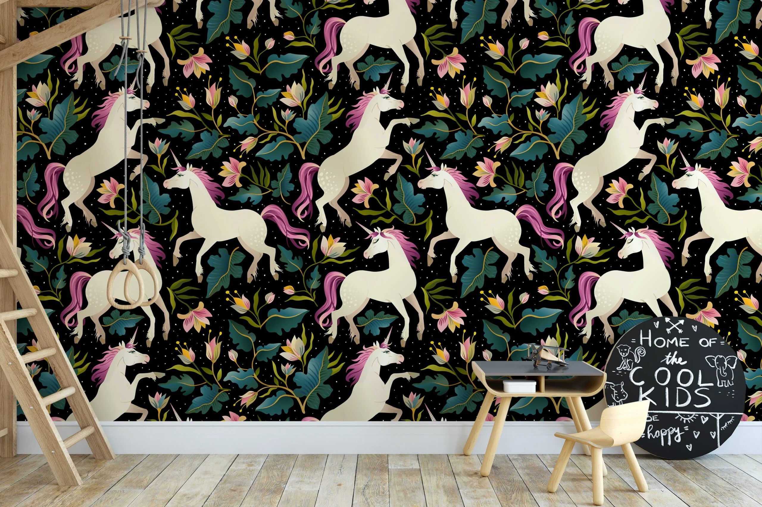 Cartoon Unicorn Illustration With A Dark Background Wallpaper, Enchanted Floral Peel & Stick Wall Mural