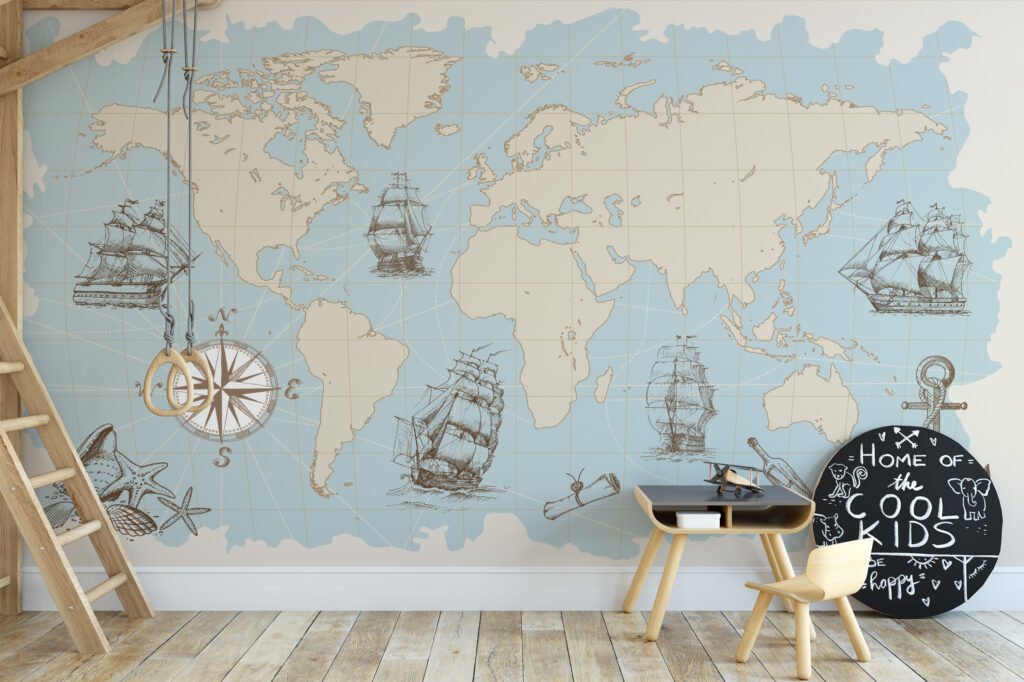 Pastel Blue World Map With Pirate Ships Wallpaper, Vintage Nautical World Map Peel & Stick Wall Mural