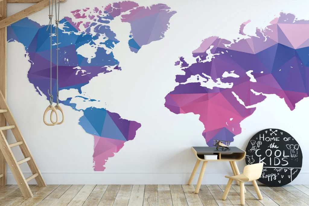 Pink Blue Purple Colored Geometric Shaped World Map Illustration Wallpaper, Modern Abstract Map Peel & Stick Wall Mural