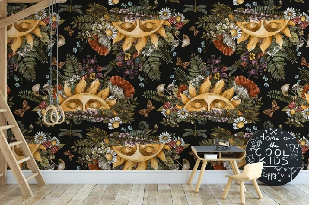 Floral Mystical Sun With Face On A Dark Background, Woodland Creatures & Florals Peel & Stick Wall Mural