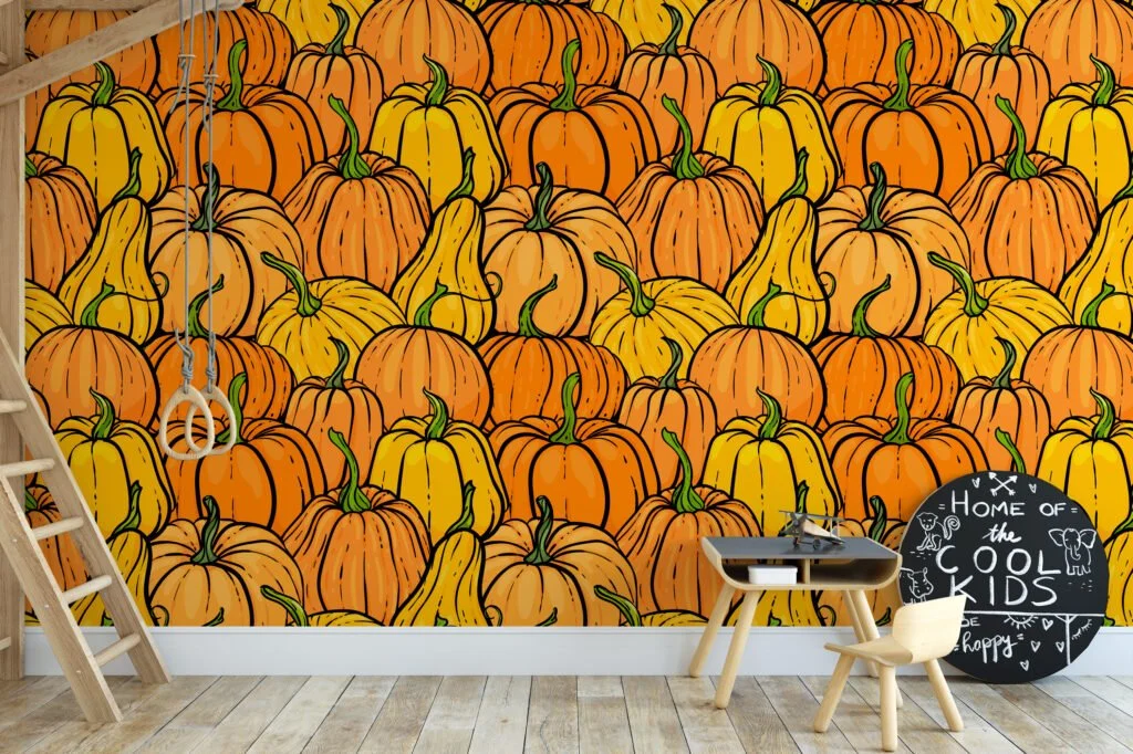 Cartoon Style Pumpkins Pattern Illustration Wallpaper, Harvest Pumpkin Patch Peel & Stick Wall Mural