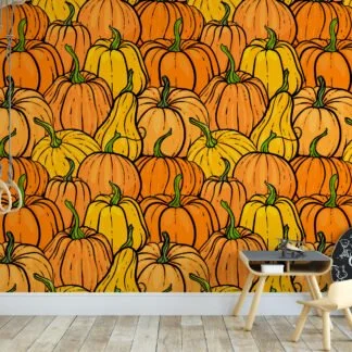 Cartoon Style Pumpkins Pattern Illustration Wallpaper, Harvest Pumpkin Patch Peel & Stick Wall Mural