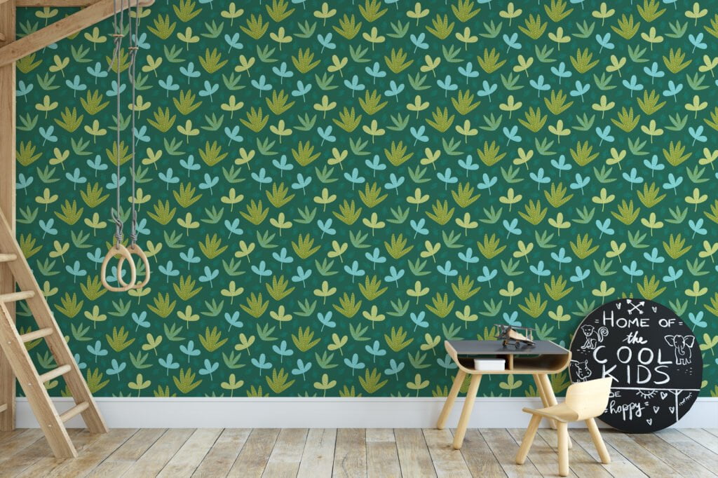 Abstract Green Leaves Shapes Illustration Wallpaper, Enchanting Leaf Pattern Peel & Stick Wall Mural