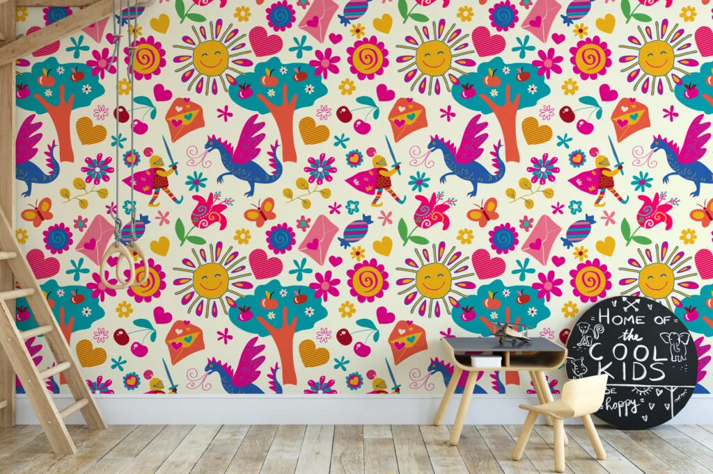 Colorful Kids Playroom Illustration Wallpaper, Enchanted Fairytale Kids Peel & Stick Wall Mural