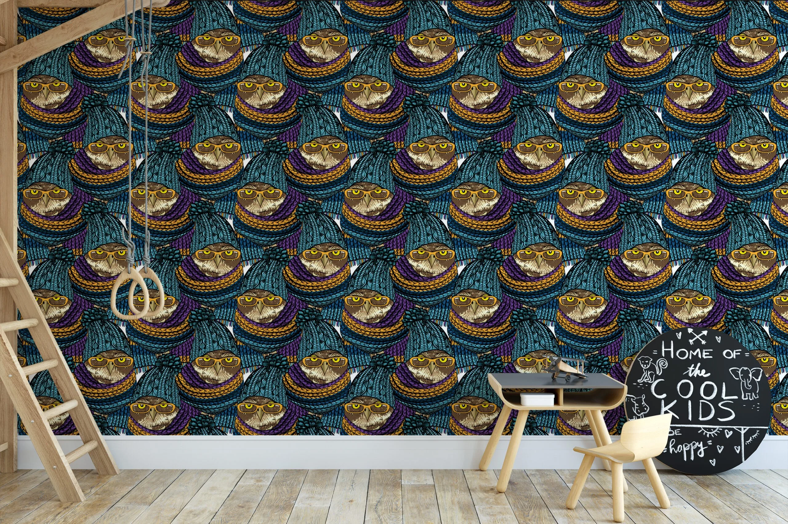 Mystical Owls With Scarfs Cartoon Illustration Wallpaper, Enchanted Kids' Peel & Stick Wall Mural