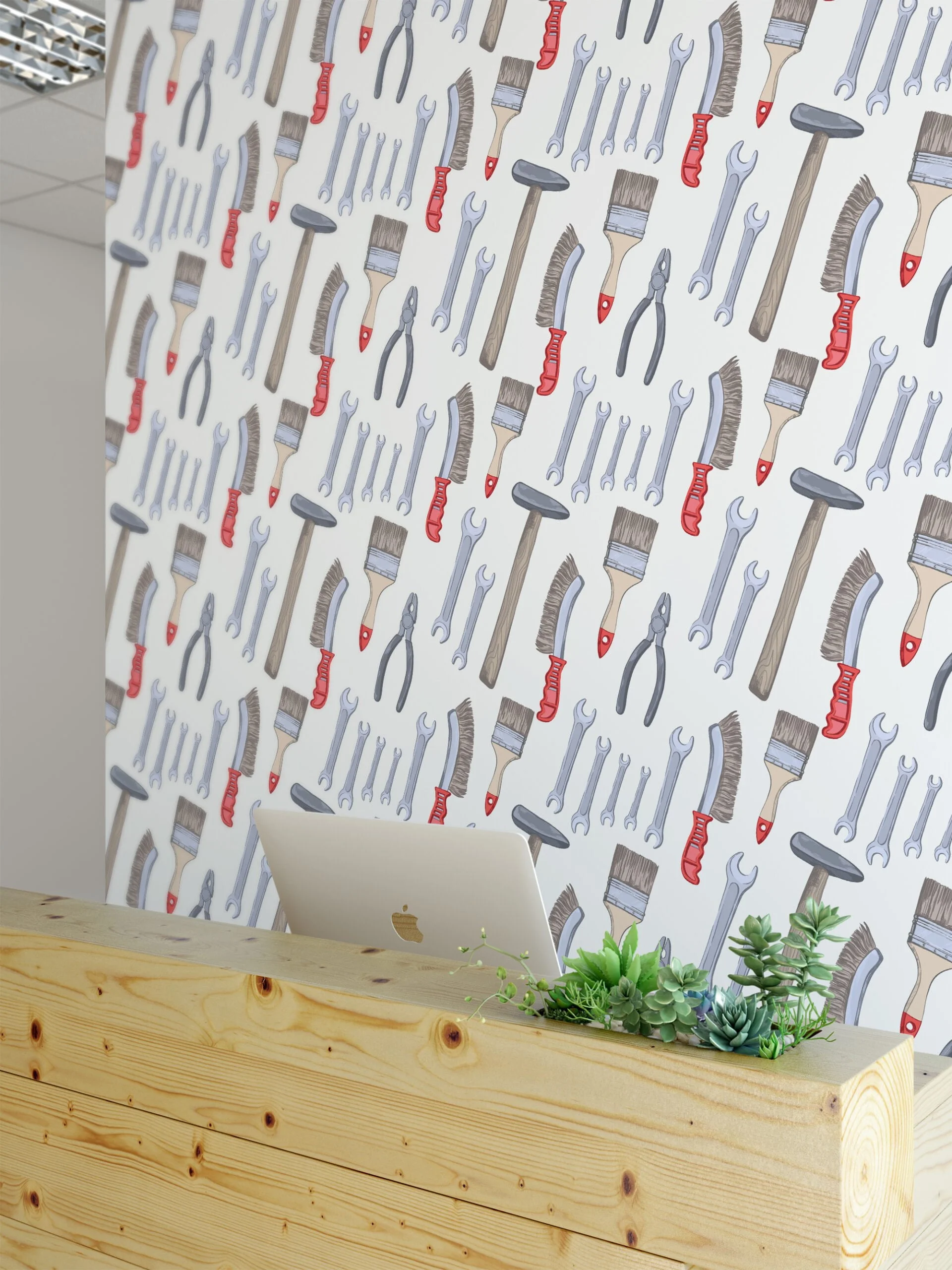 Handyman Repair Worker Tools Illustration Wallpaper, Hand-Drawn Tools Pattern Peel & Stick Wall Mural