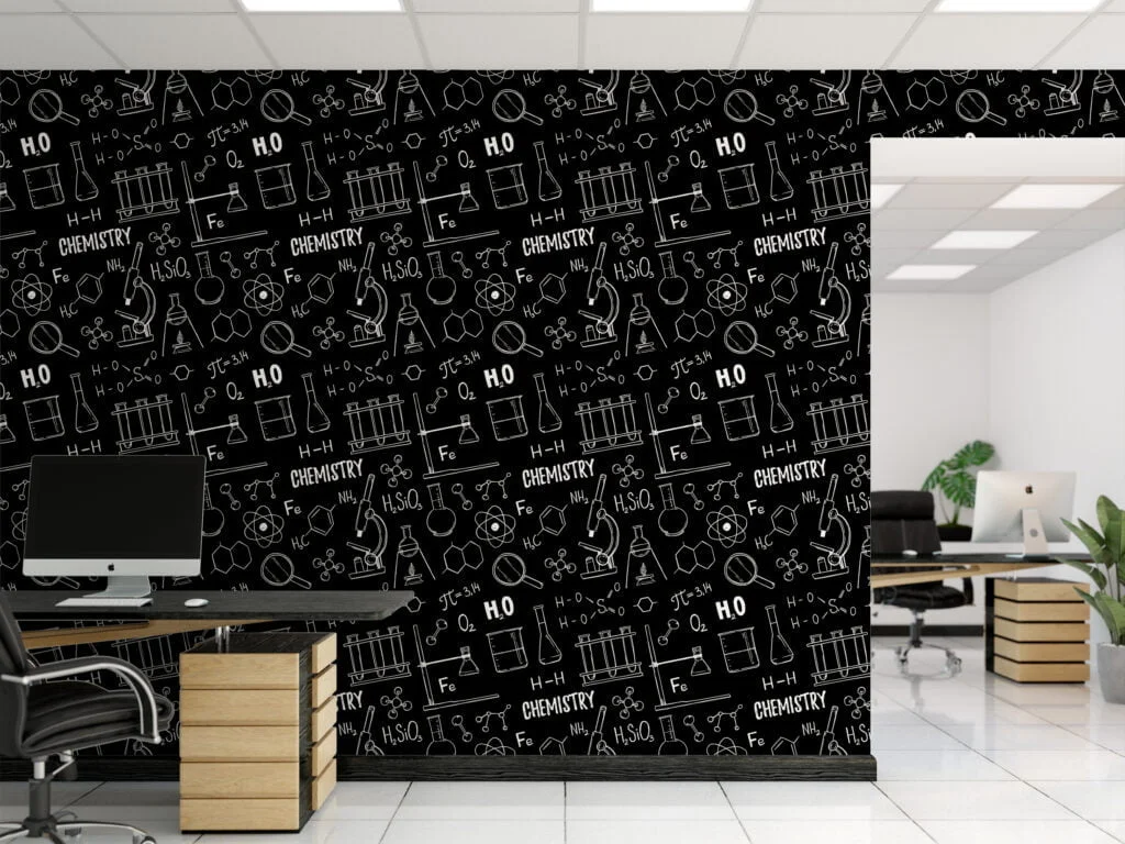 Chalkboard With Chemistry Icons Illustrations Wallpaper, Black and White Science Theme Wall Mural for Kids and Classrooms