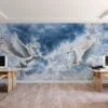Large White Mystical Fantasy Unicorns With Castles In The Clouds Wallpaper, Enchanted Pegasus Peel & Stick Wall Mural
