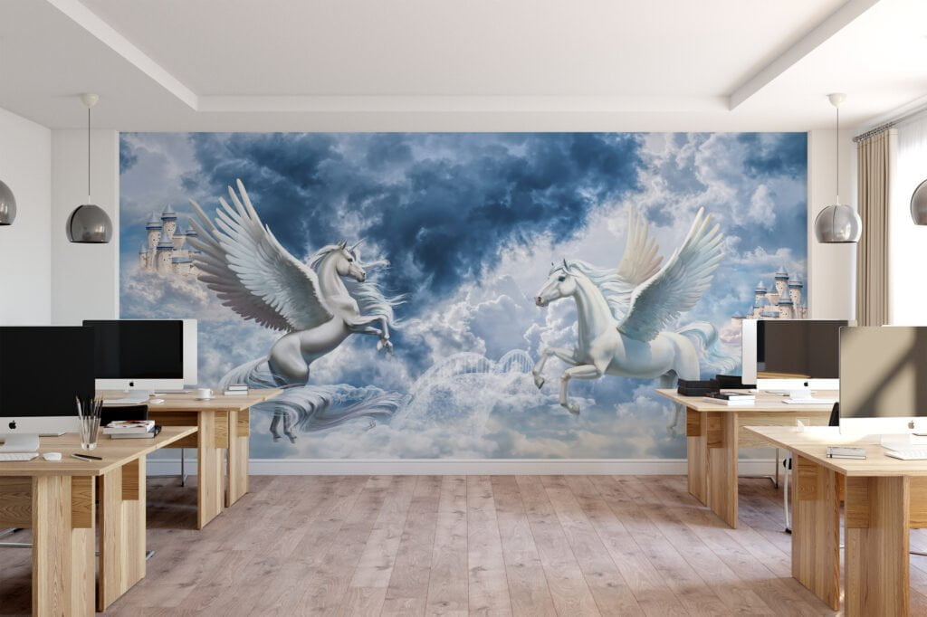 Large White Mystical Fantasy Unicorns With Castles In The Clouds Wallpaper, Enchanted Pegasus Peel & Stick Wall Mural
