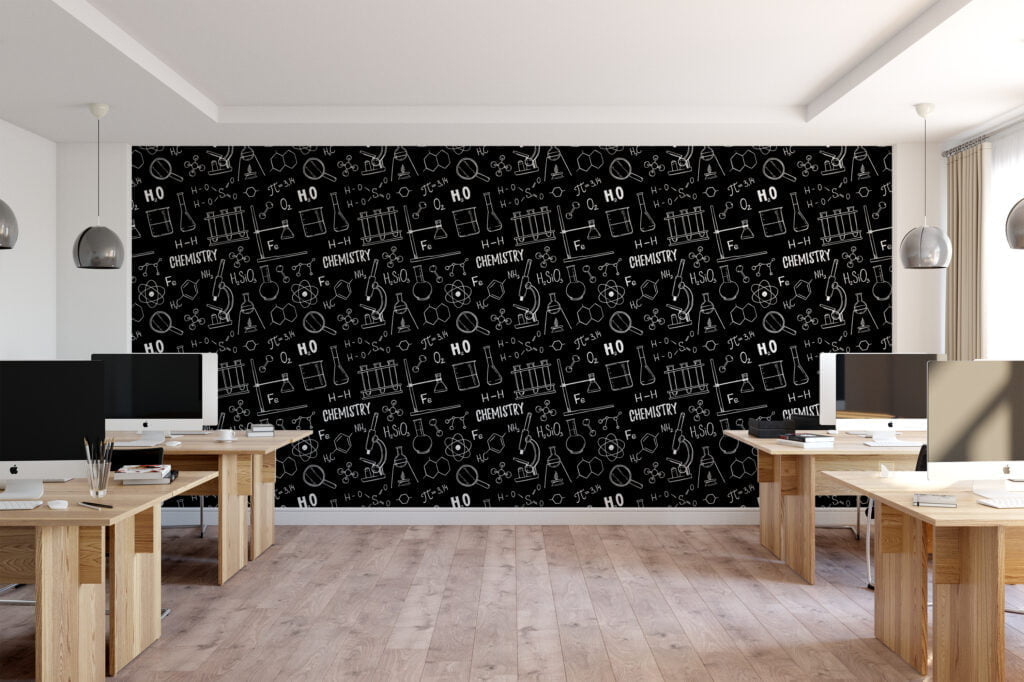 Chalkboard With Chemistry Icons Illustrations Wallpaper, Black and White Science Theme Wall Mural for Kids and Classrooms