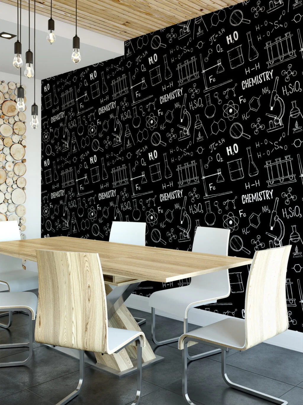 Chalkboard With Chemistry Icons Illustrations Wallpaper, Black and White Science Theme Wall Mural for Kids and Classrooms