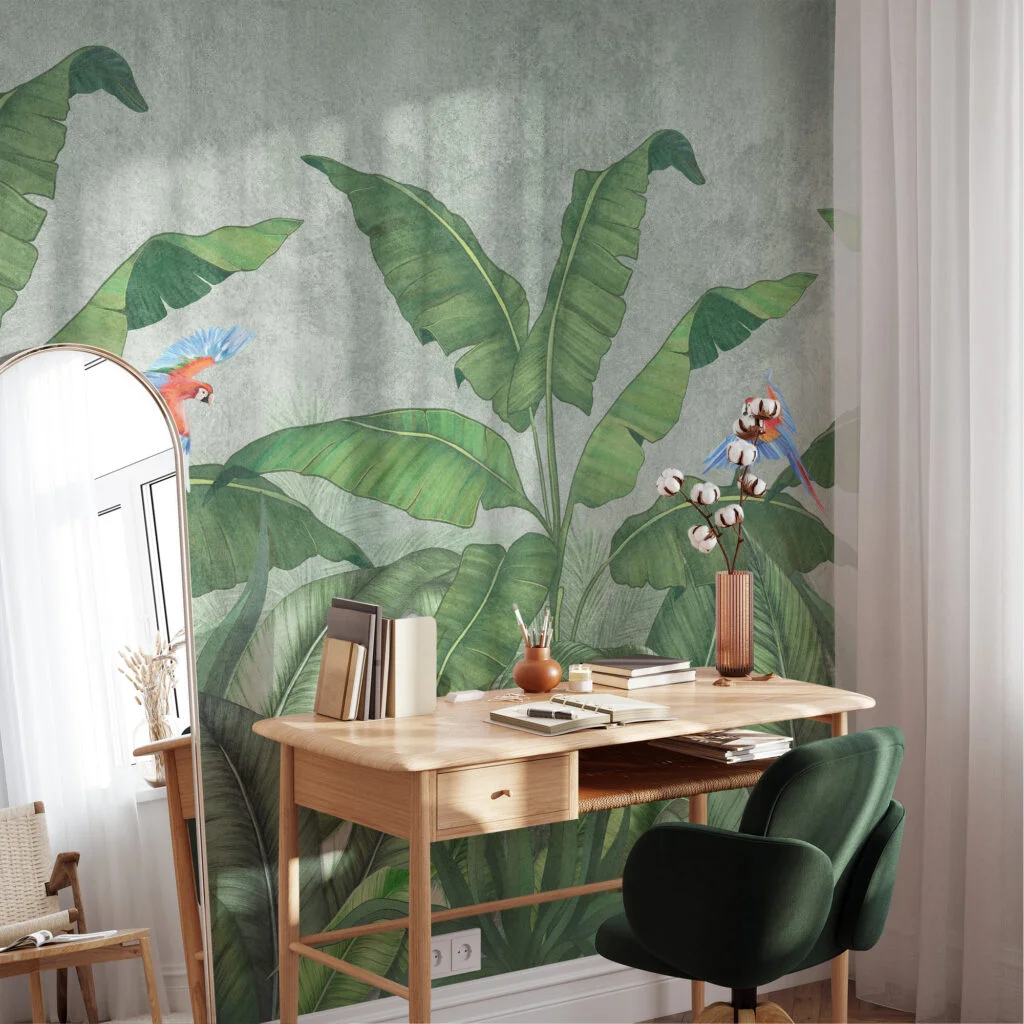 Enchanting Banana Leaves Wallpaper, Large Tropical Leaves With Parrots Peel & Stick Wall Mural