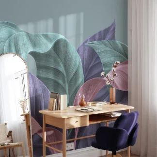 Serene Pastel Banana Leaves With Drawn Line Art Wallpaper, Large Tropical Leaves Peel & Stick Wall Mural