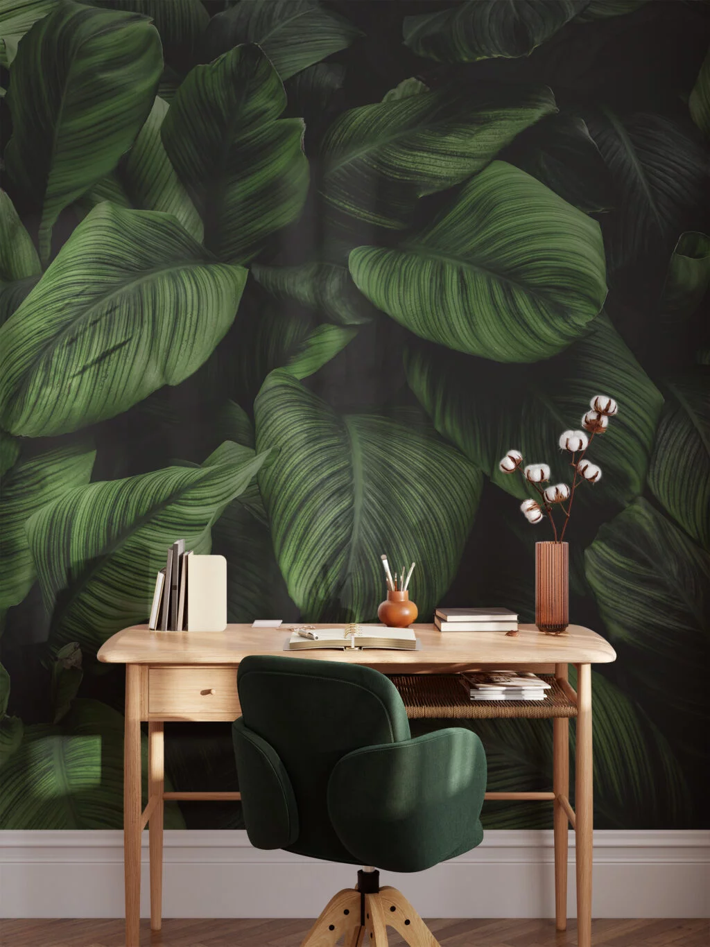 Lush Dark Botanical Leaf Wallpaper, Large Tropical Pine Forest Leaves Peel & Stick Wall Mural