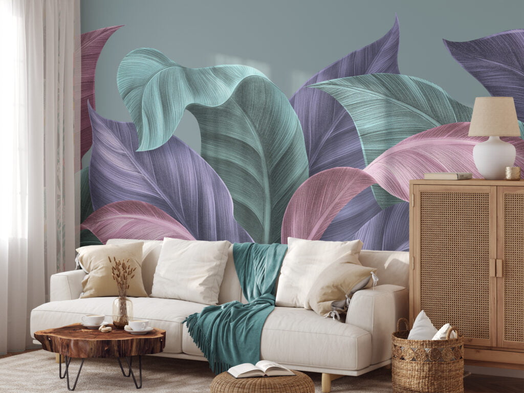 Serene Pastel Banana Leaves With Drawn Line Art Wallpaper, Large Tropical Leaves Peel & Stick Wall Mural