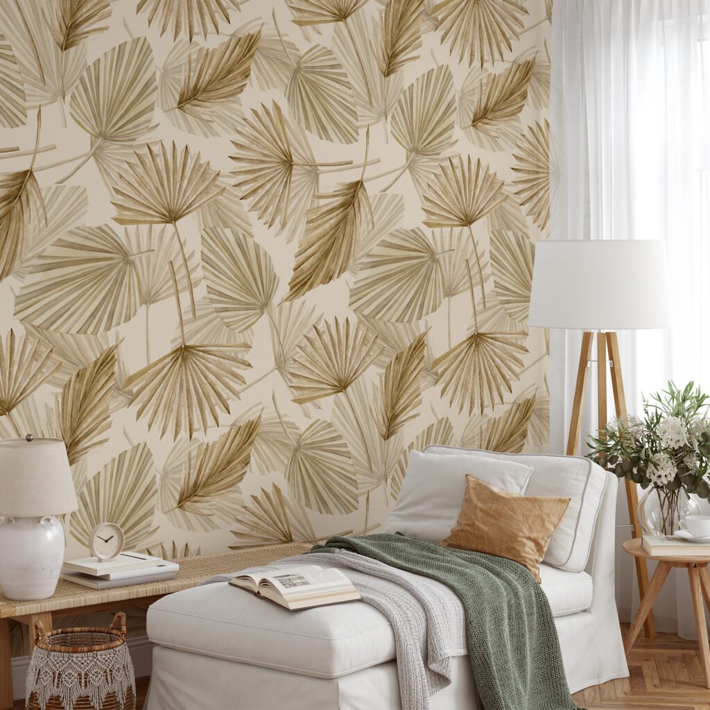 Beige Bohemian Dry Leaves Wallpaper, Serene Boho Tropical Dry Plants Peel & Stick Wall Mural