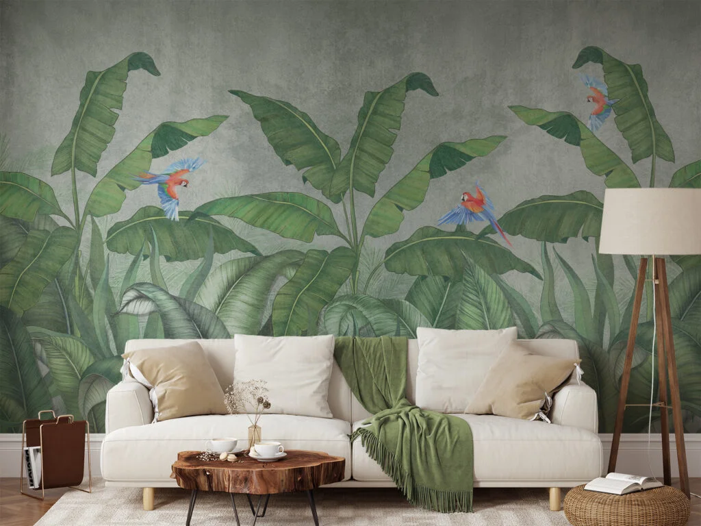 Enchanting Banana Leaves Wallpaper, Large Tropical Leaves With Parrots Peel & Stick Wall Mural