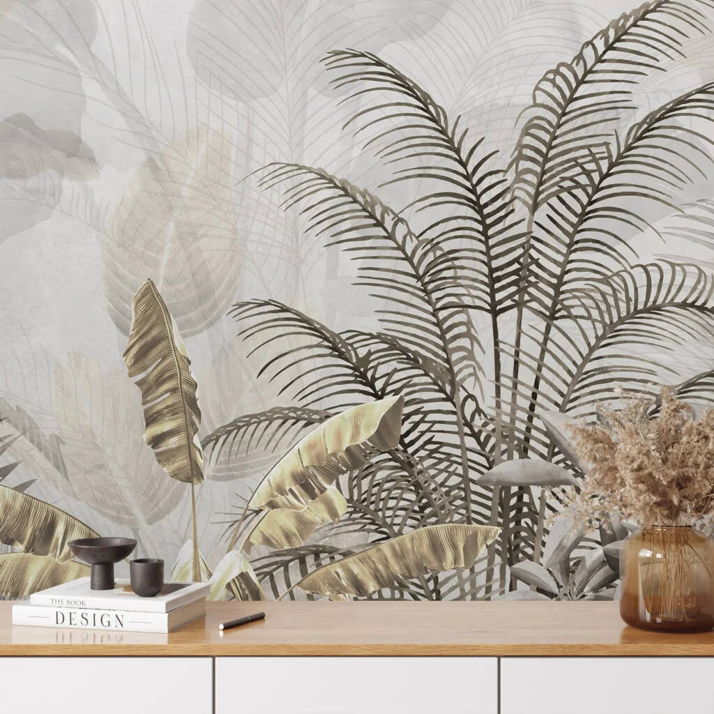Misty Neutral Leaves Foliage Wallpaper, Muted Botanical Foliage Peel & Stick Wall Mural