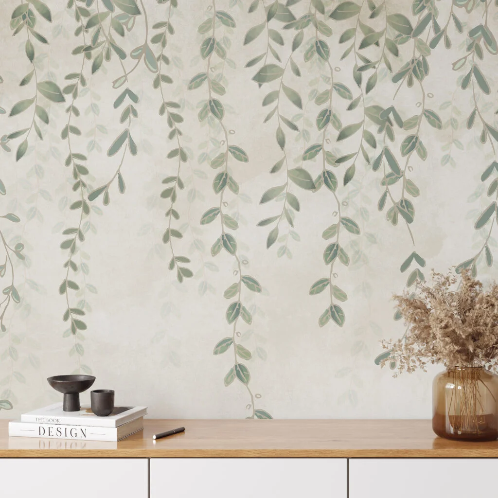 Tranquil Hanging Vines Illustration Wallpaper, Soft Backdrop With Leaves Peel & Stick Wall Mural