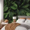 Lush Dark Botanical Leaf Wallpaper, Large Tropical Pine Forest Leaves Peel & Stick Wall Mural