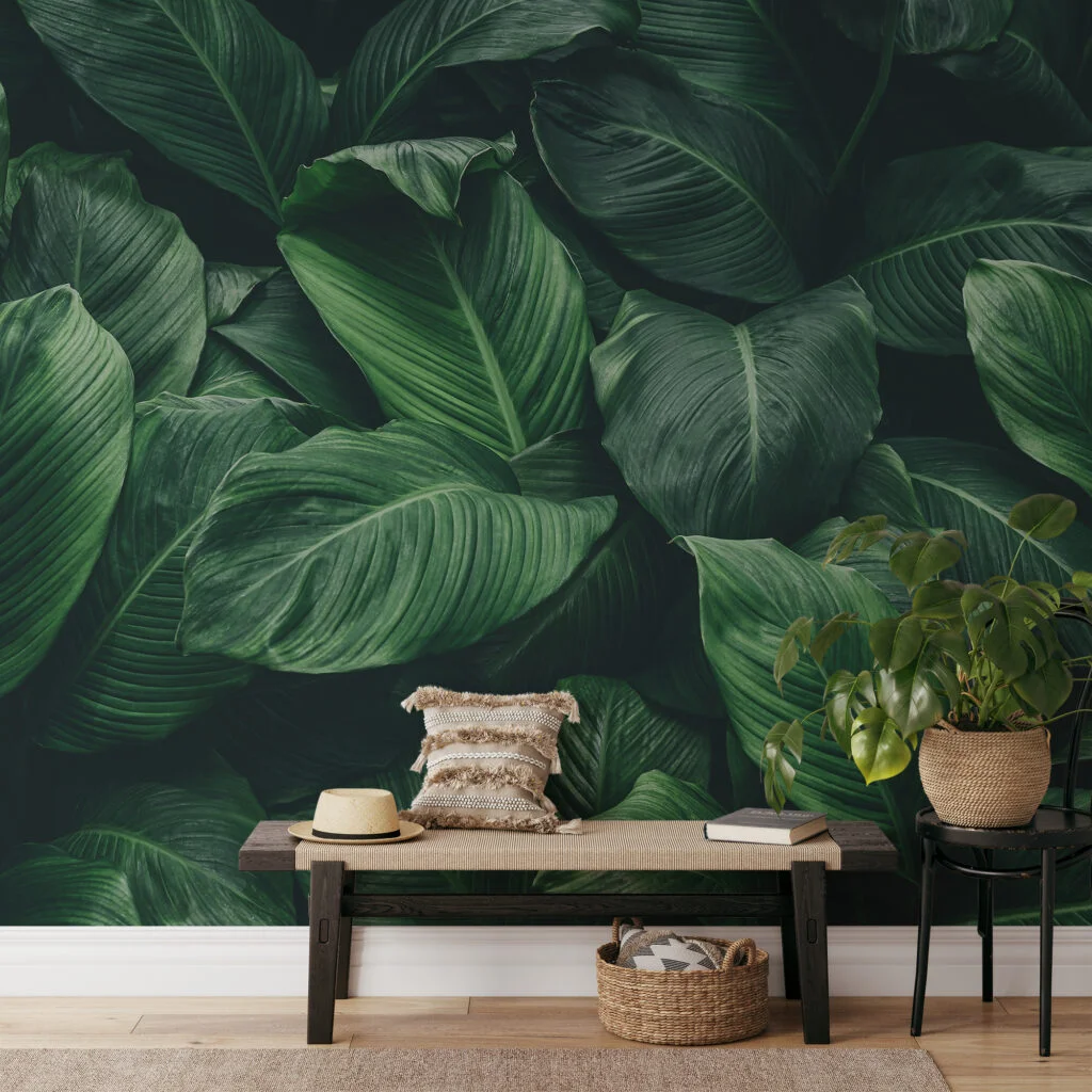 Lush Green Botanical Leaf Wallpaper, Large Dark Green Jungle Leaves Peel & Stick Wall Mural