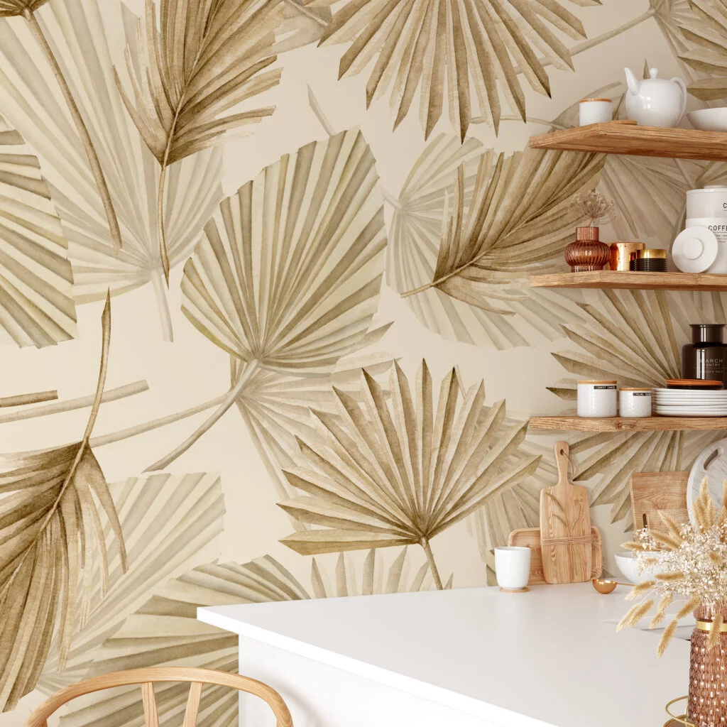 Beige Bohemian Dry Leaves Wallpaper, Serene Boho Tropical Dry Plants Peel & Stick Wall Mural