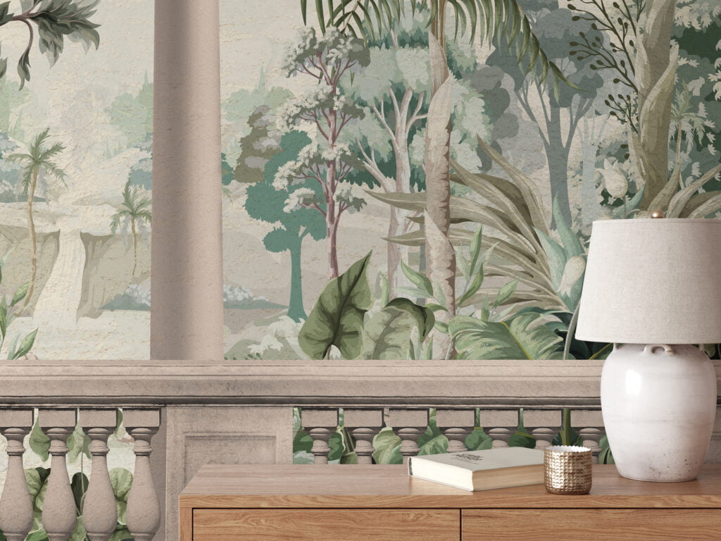 Antique Balcony With A Tropical View Wallpaper, Timeless Elegant Palm Tree Landscape Peel & Stick Wall Mural