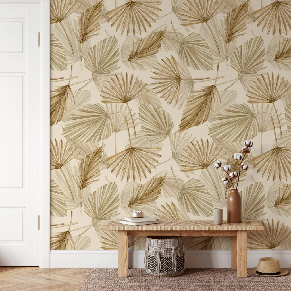 Beige Bohemian Dry Leaves Wallpaper, Serene Boho Tropical Dry Plants Peel & Stick Wall Mural