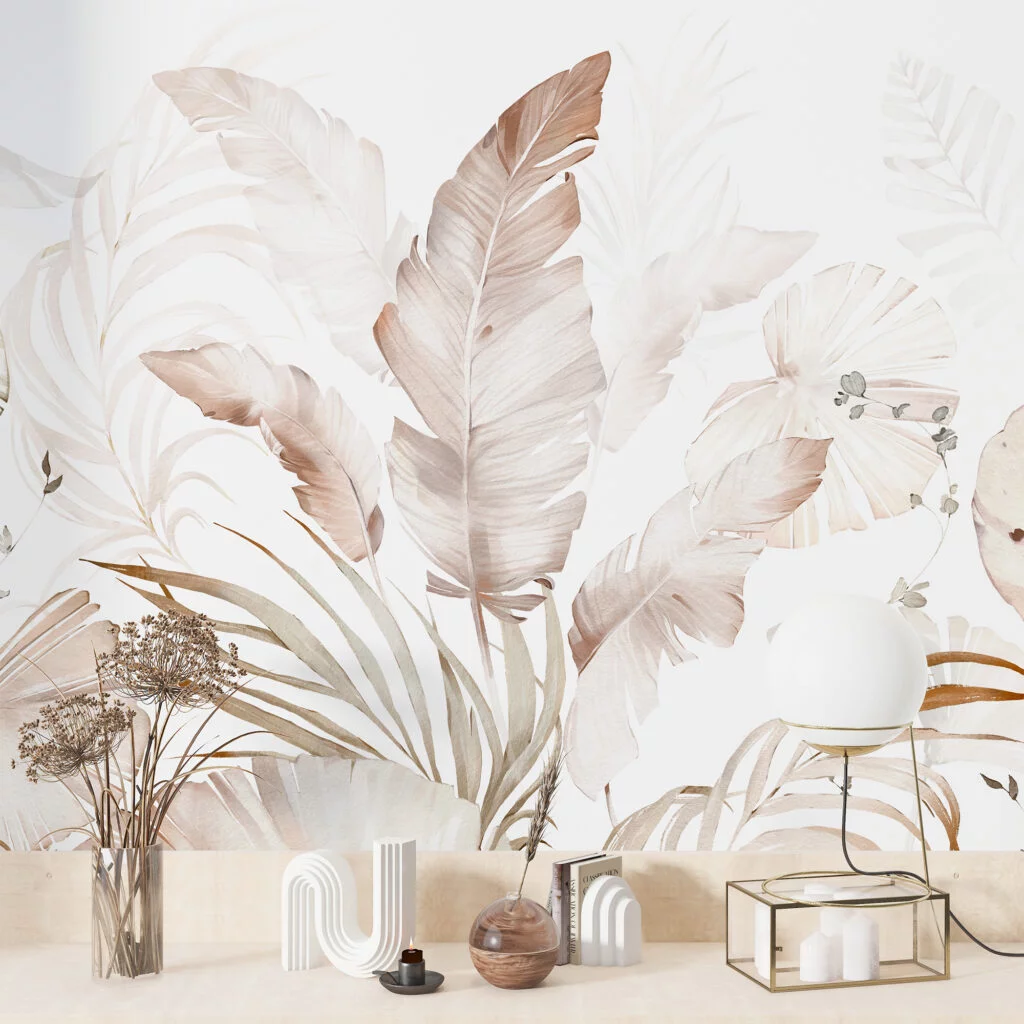 Ethereal Beige Botanical Leaf Wallpaper, Watercolor Effect Natural Leaves Peel & Stick Wall Mural