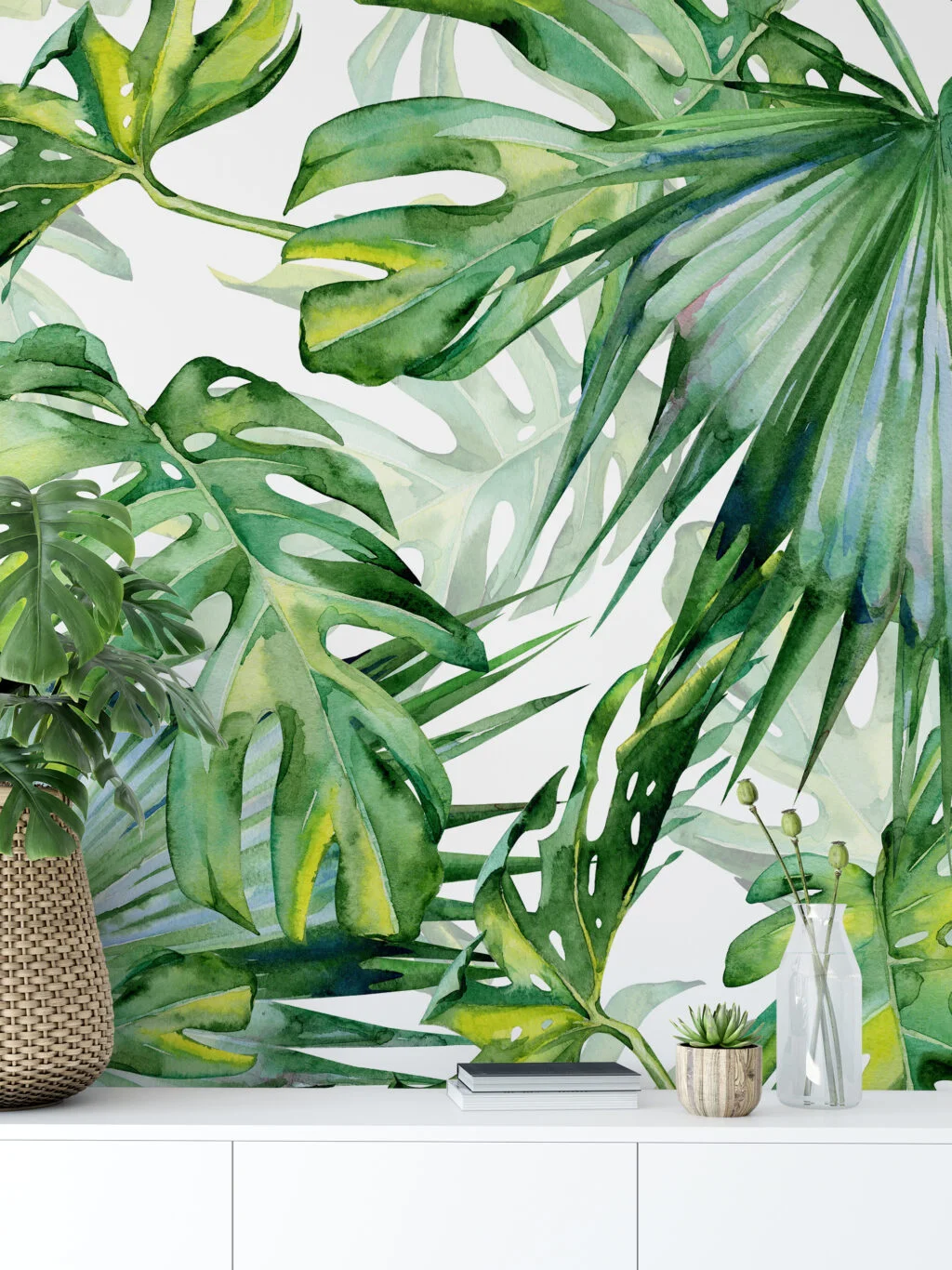 Lush Watercolor Monstera Leaves Wallpaper, Large Vibrant Tropical Leaves Peel & Stick Wall Mural