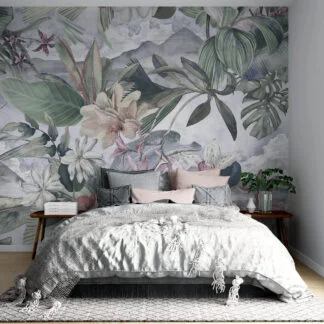 Serene Botanical Garden Florals Wallpaper, Large Cool-Toned Tropical Leaves Peel & Stick Wall Mural
