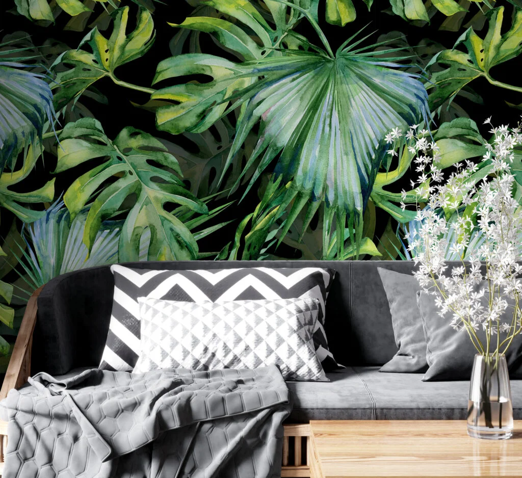 Watercolor Vibrant Jungle Foliage With A Black Background Wallpaper, Large Tropical Leaf Peel & Stick Wall Mural