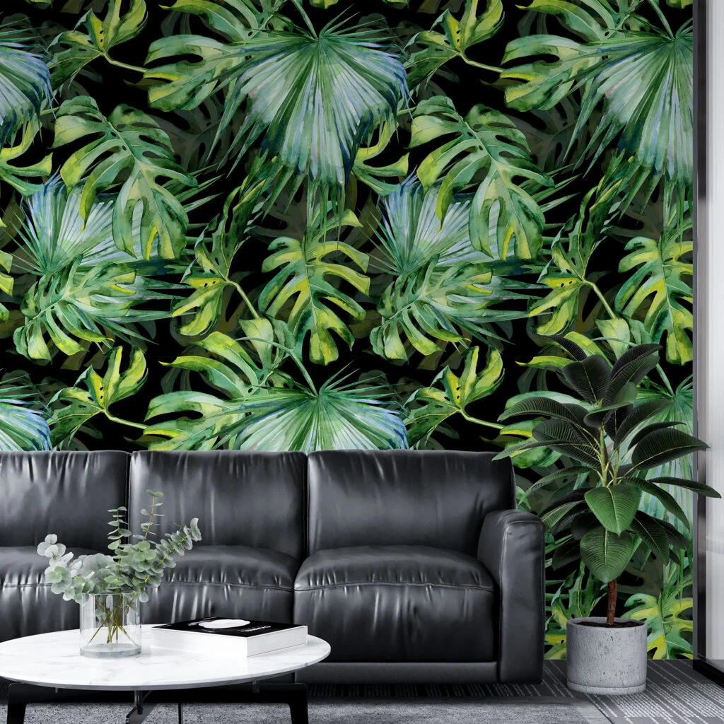 Watercolor Vibrant Jungle Foliage With A Black Background Wallpaper, Large Tropical Leaf Peel & Stick Wall Mural