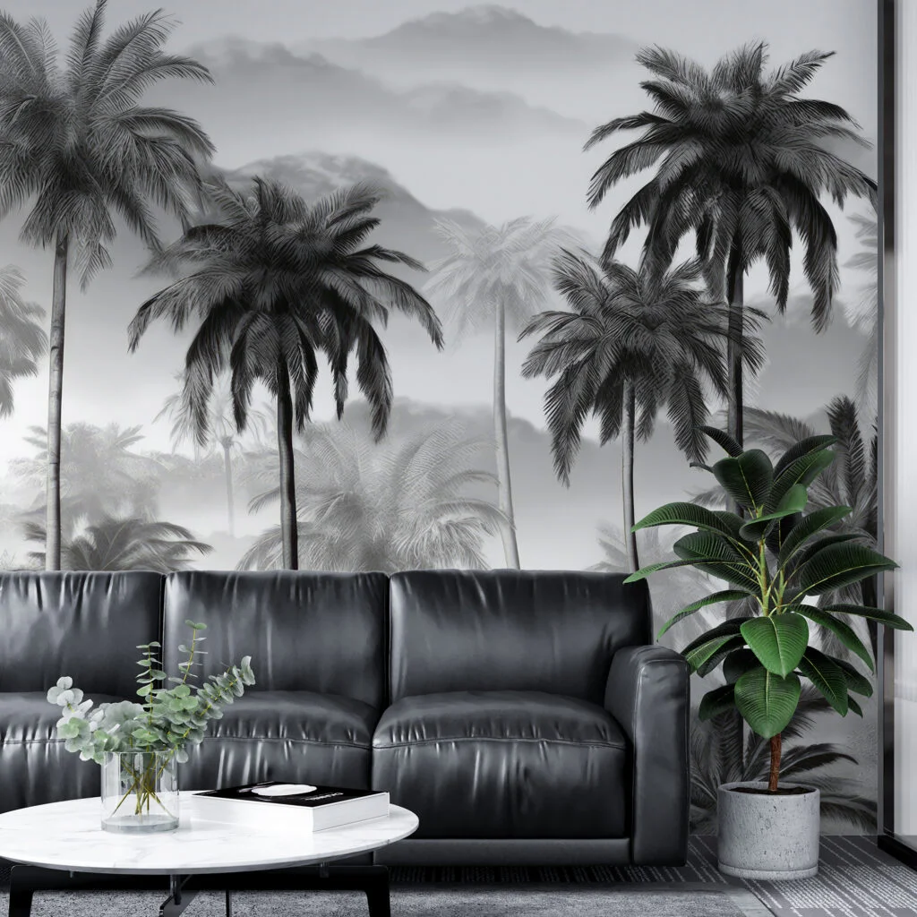 Misty Monochrome Palm Trees Wallpaper, Timeless Tropical Design Peel & Stick Wall Mural