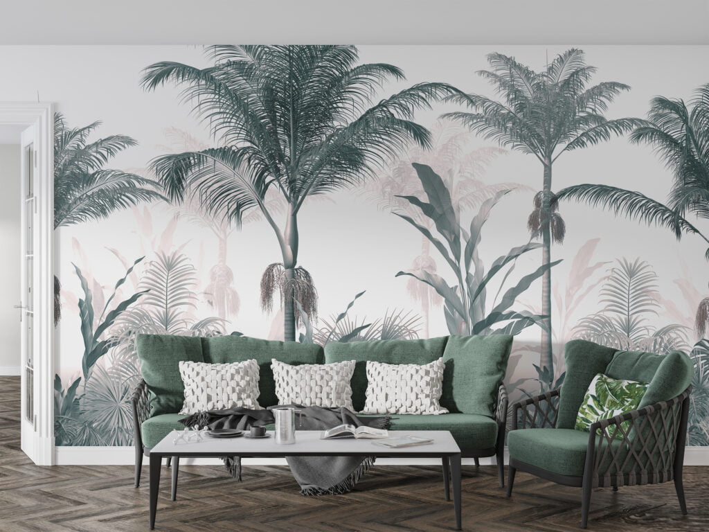 Vintage Sage Tropical Jungle Wallpaper, Elegant Large Palm Trees And Leaves Peel & Stick Wall Mural