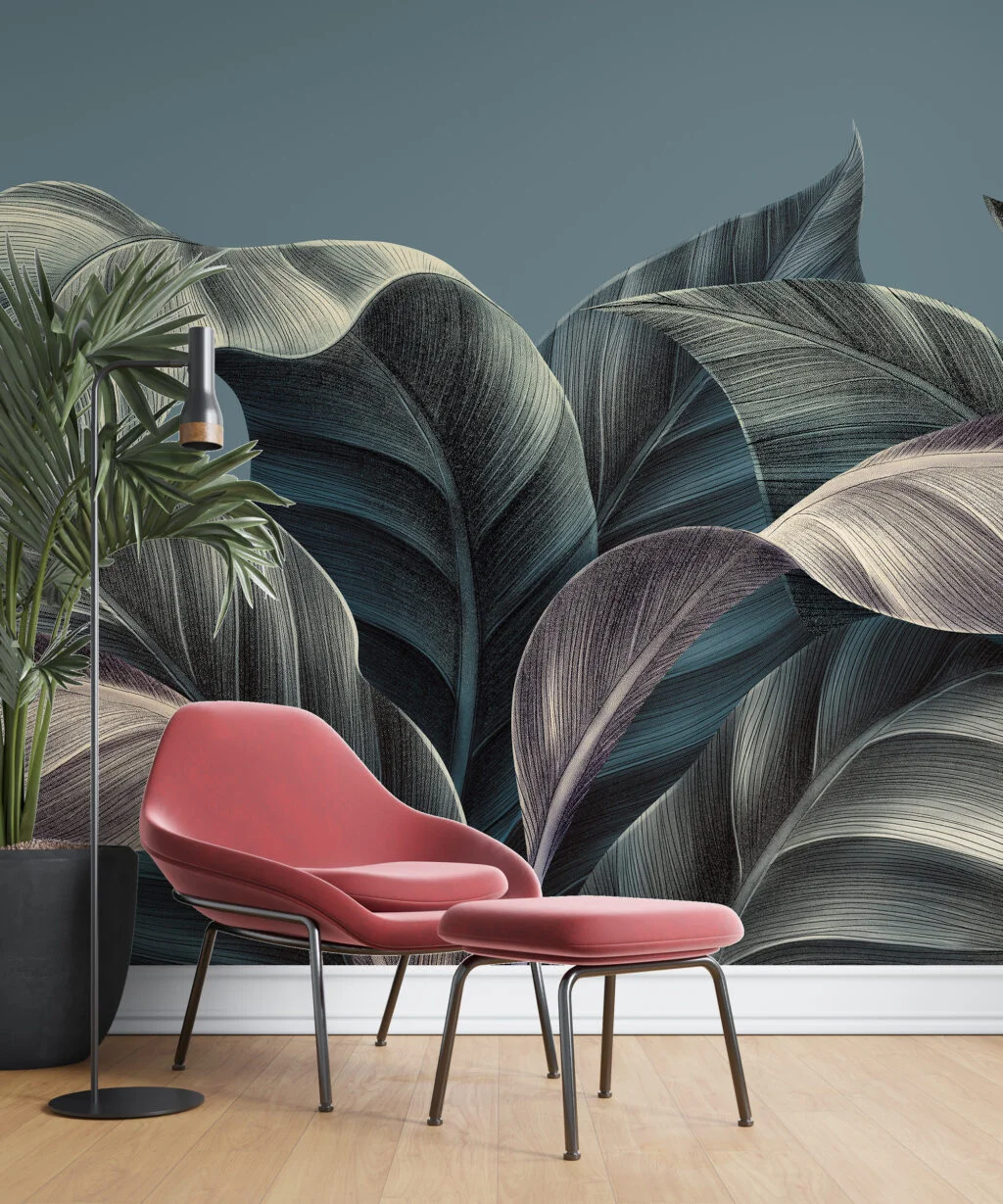 Dark Elegant Leaves With Drawn Line Art Wallpaper, Soothing Dark Colored Leaves Peel & Stick Wall Mural