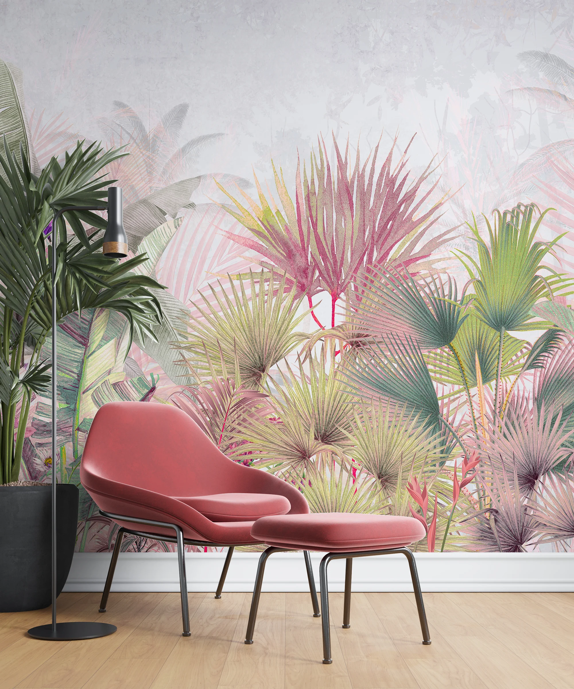 Colorful Pastel Tropical Leaves Wallpaper, Pastel Pink And Green Botanical Oasis Peel & Stick Wall Mural