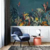 Large Tropical Illustration With A Blue Background Wallpaper, Vibrant Tropical Foliage Peel & Stick Wall Mural