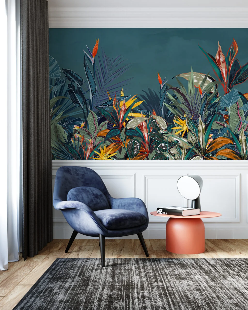 Large Tropical Illustration With A Blue Background Wallpaper, Vibrant Tropical Foliage Peel & Stick Wall Mural