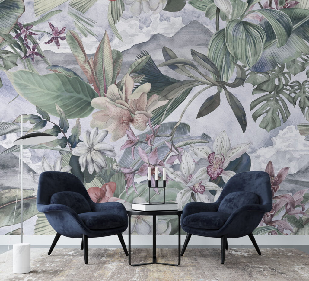 Serene Botanical Garden Florals Wallpaper, Large Cool-Toned Tropical Leaves Peel & Stick Wall Mural