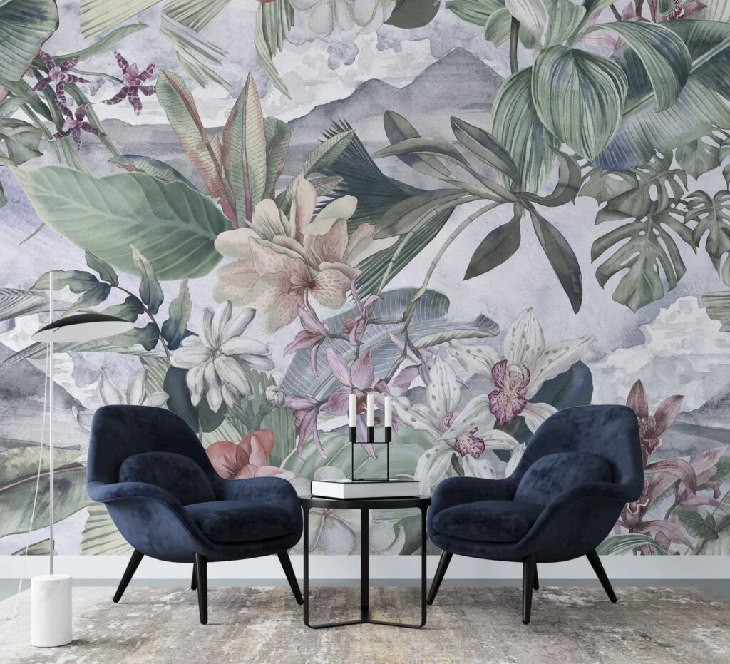 Serene Botanical Garden Florals Wallpaper, Large Cool-Toned Tropical Leaves Peel & Stick Wall Mural