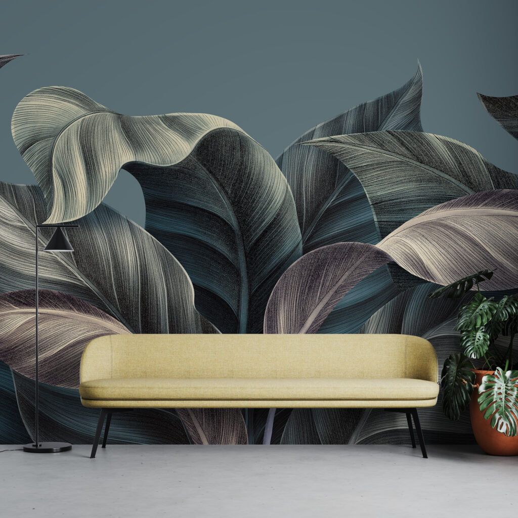 Dark Elegant Leaves With Drawn Line Art Wallpaper, Soothing Dark Colored Leaves Peel & Stick Wall Mural