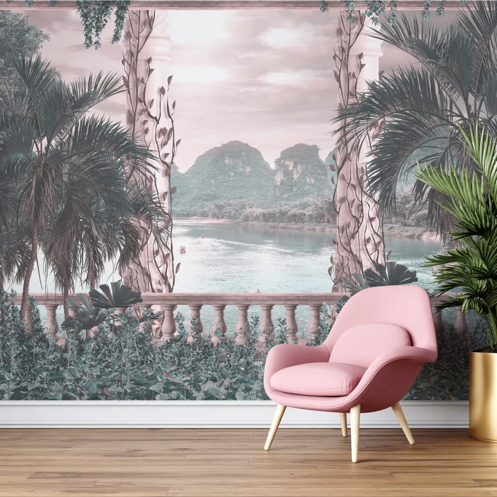 Romantic Tropical Landscape View Wallpaper, Balcony View With Palm Trees Peel & Stick Wall Mural