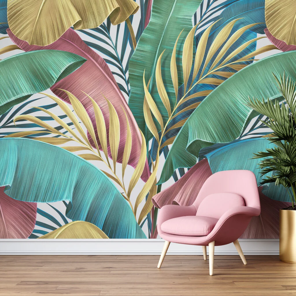 Artistic Pastel Large Colorful Leaves With Line Art Wallpaper, Tropical Leaves Design Peel & Stick Wall Mural