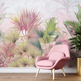 Colorful Pastel Tropical Leaves Wallpaper, Pastel Pink And Green Botanical Oasis Peel & Stick Wall Mural