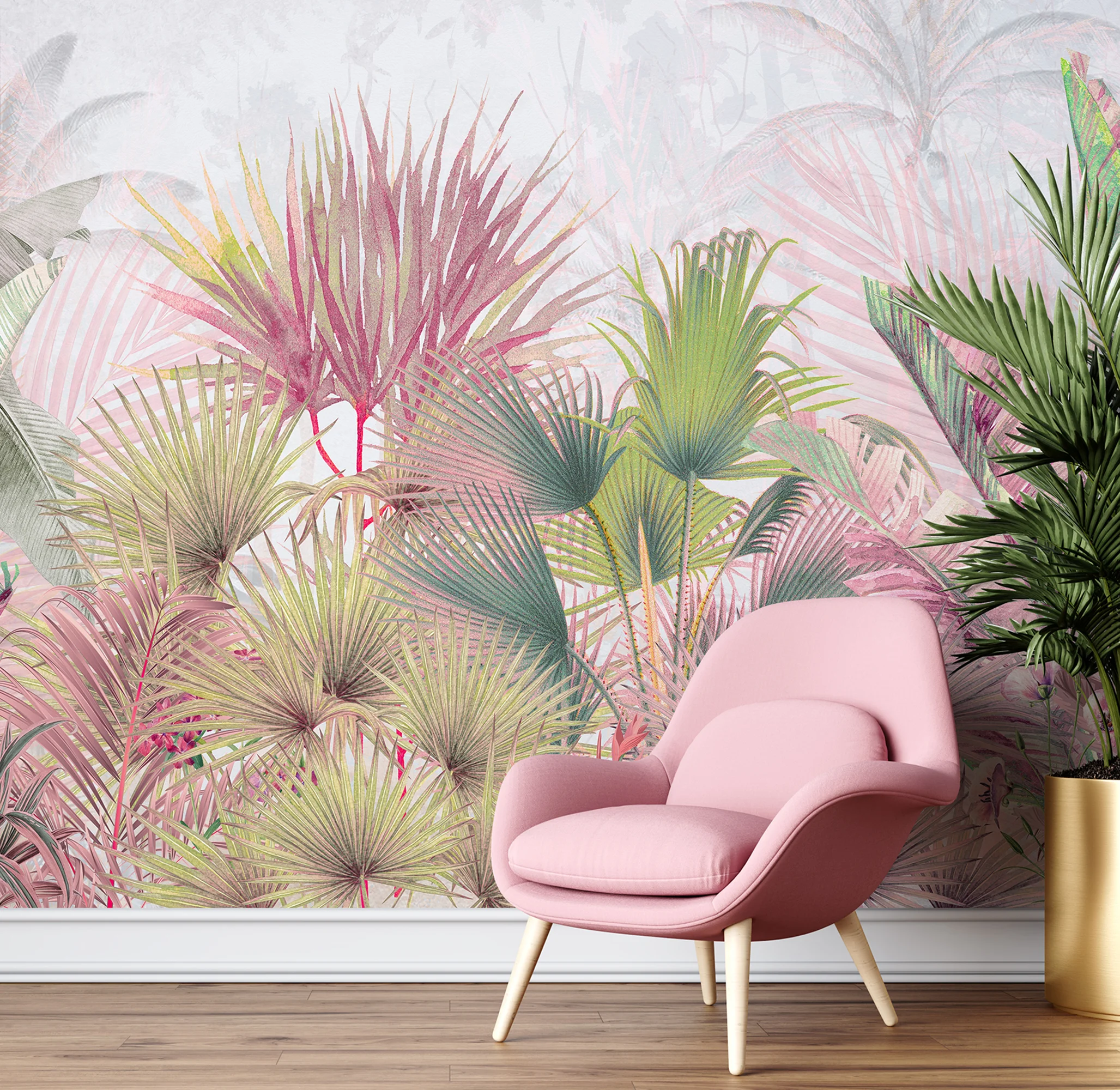 Colorful Pastel Tropical Leaves Wallpaper, Pastel Pink And Green Botanical Oasis Peel & Stick Wall Mural
