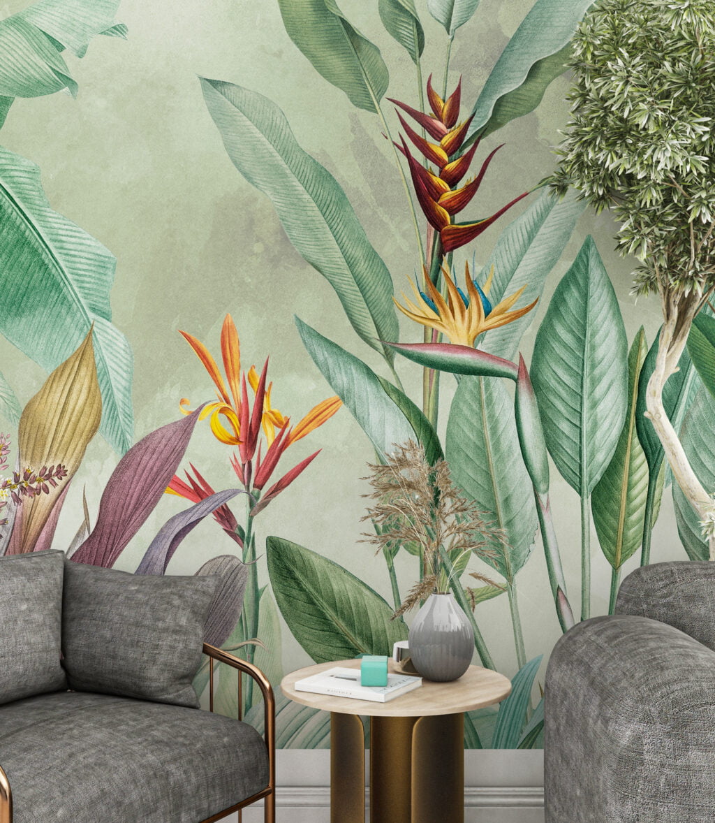 Large Vintage Colorful Botanical Plants Wallpaper, Artful Tropical Leaves And Plants Peel & Stick Wall Mural