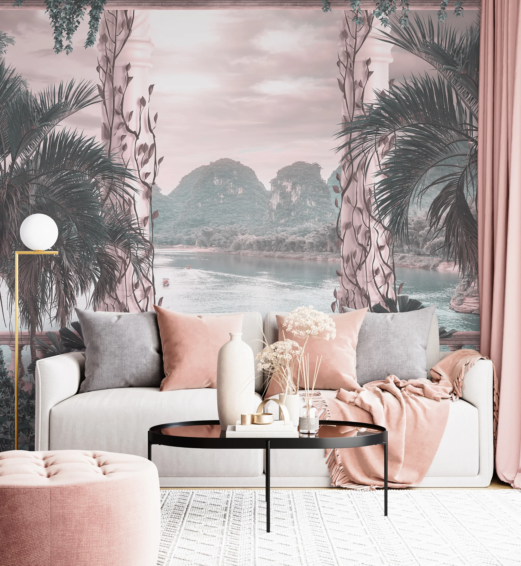 Romantic Tropical Landscape View Wallpaper, Balcony View With Palm Trees Peel & Stick Wall Mural