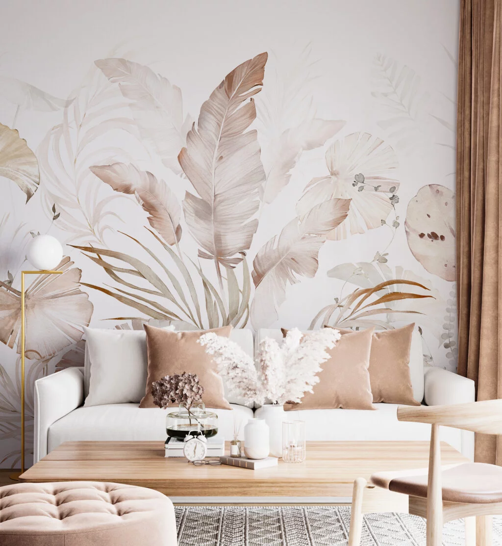 Ethereal Beige Botanical Leaf Wallpaper, Watercolor Effect Natural Leaves Peel & Stick Wall Mural