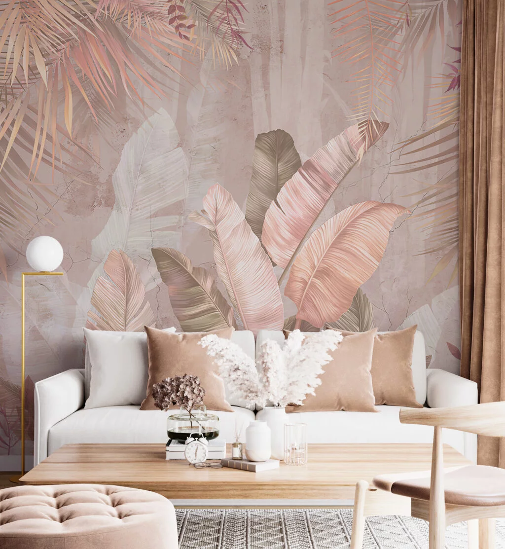 Pastel Peach Banana Leaves Wallpaper, Blush Elegance Foliage Large Tropical Leaves Peel & Stick Wall Mural